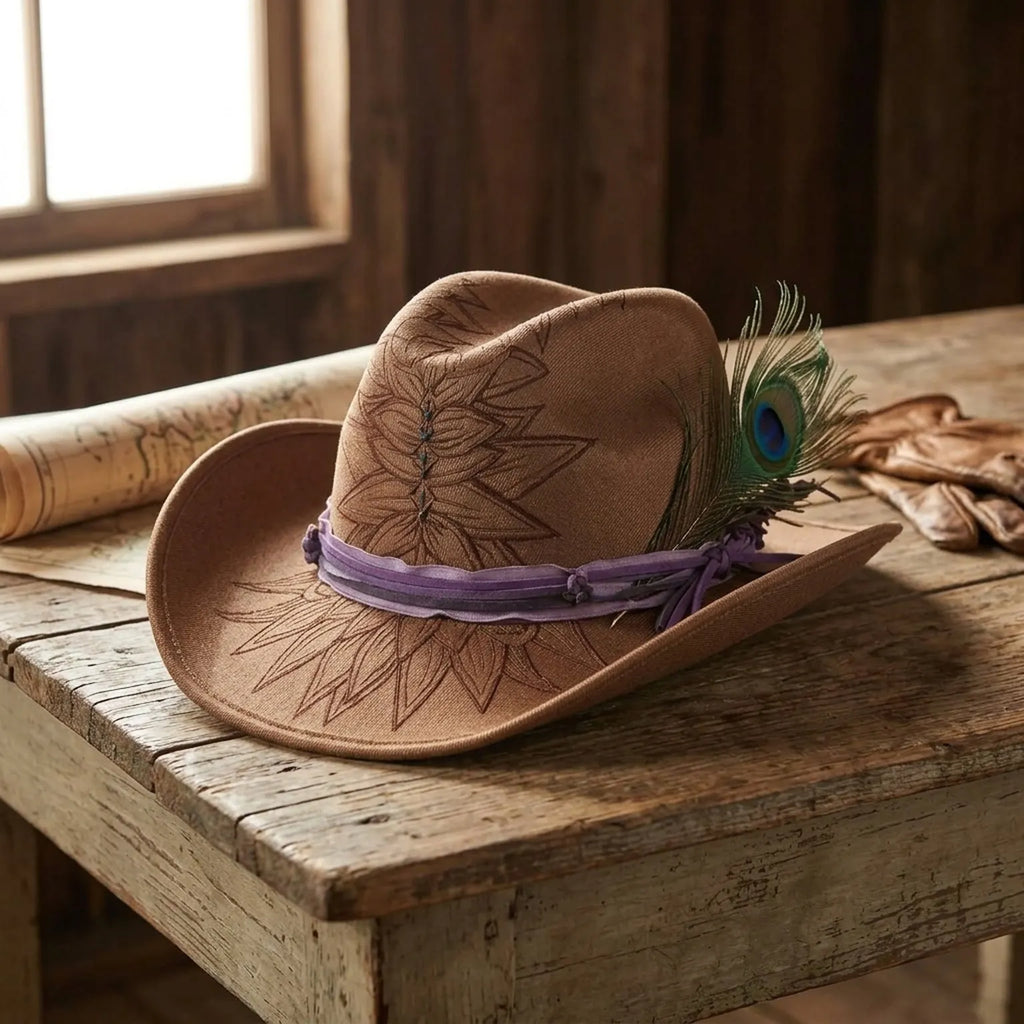 Brown Fedora with Peacock Feather and Leaf Embroidery