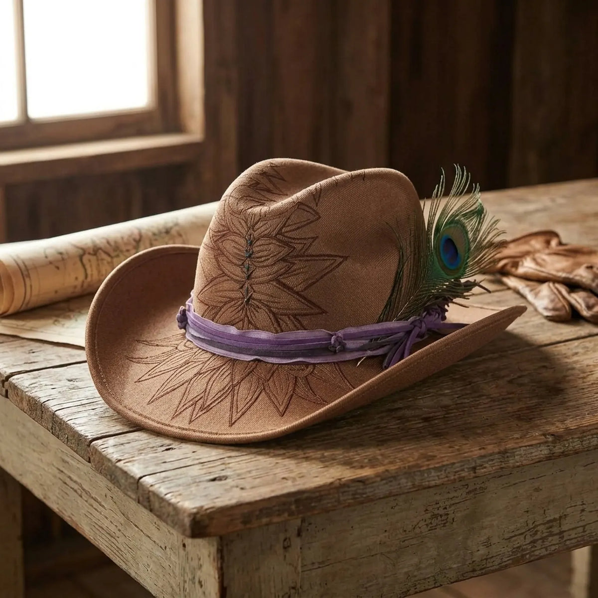 Brown Fedora with Peacock Feather and Leaf Embroidery