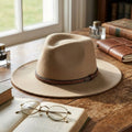 Tan Beige Felt Fedora Hat with Leather Band - Classic Style