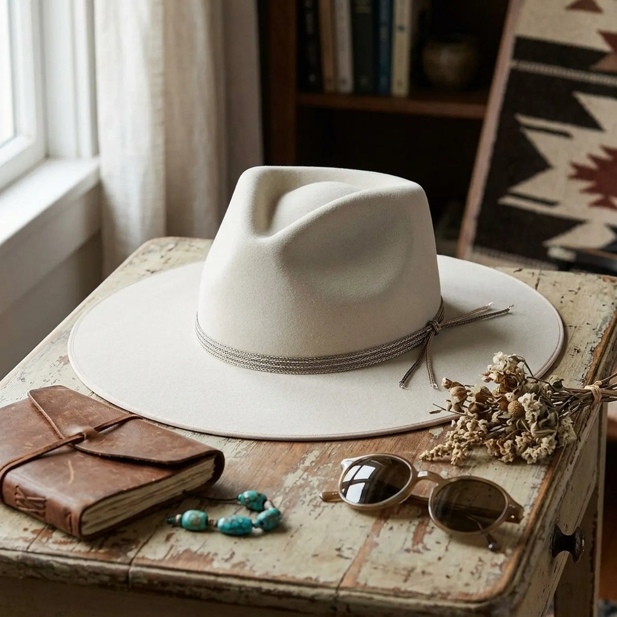 Cream Wool Felt Fedora with Chain Braided Band and Tasseled Tie