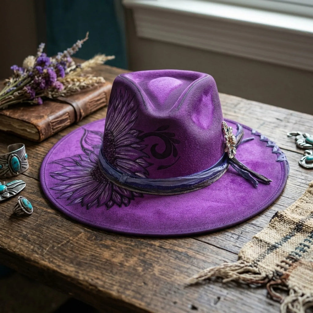 Purple Floral Fedora with Painted Sunflower and Jeweled Brooch