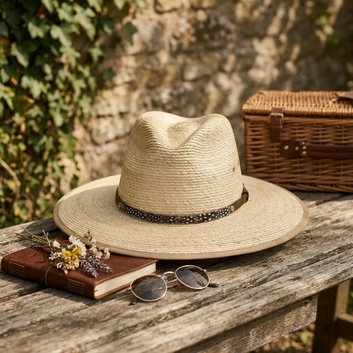 Natural Straw Sun Hat with Feather Band and Wide Brim Crown