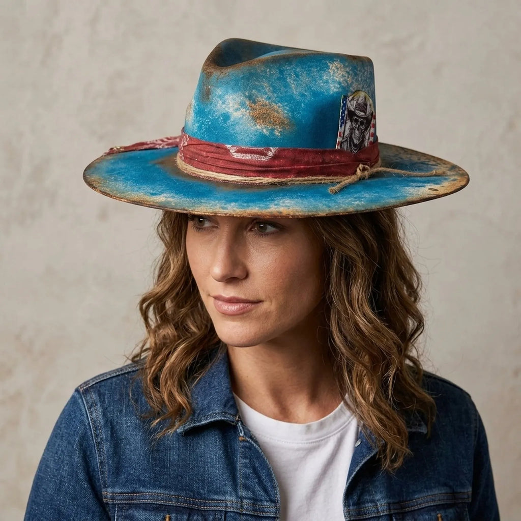 Bright Blue Felt Western Hat with Burgundy Band and Skull Card
