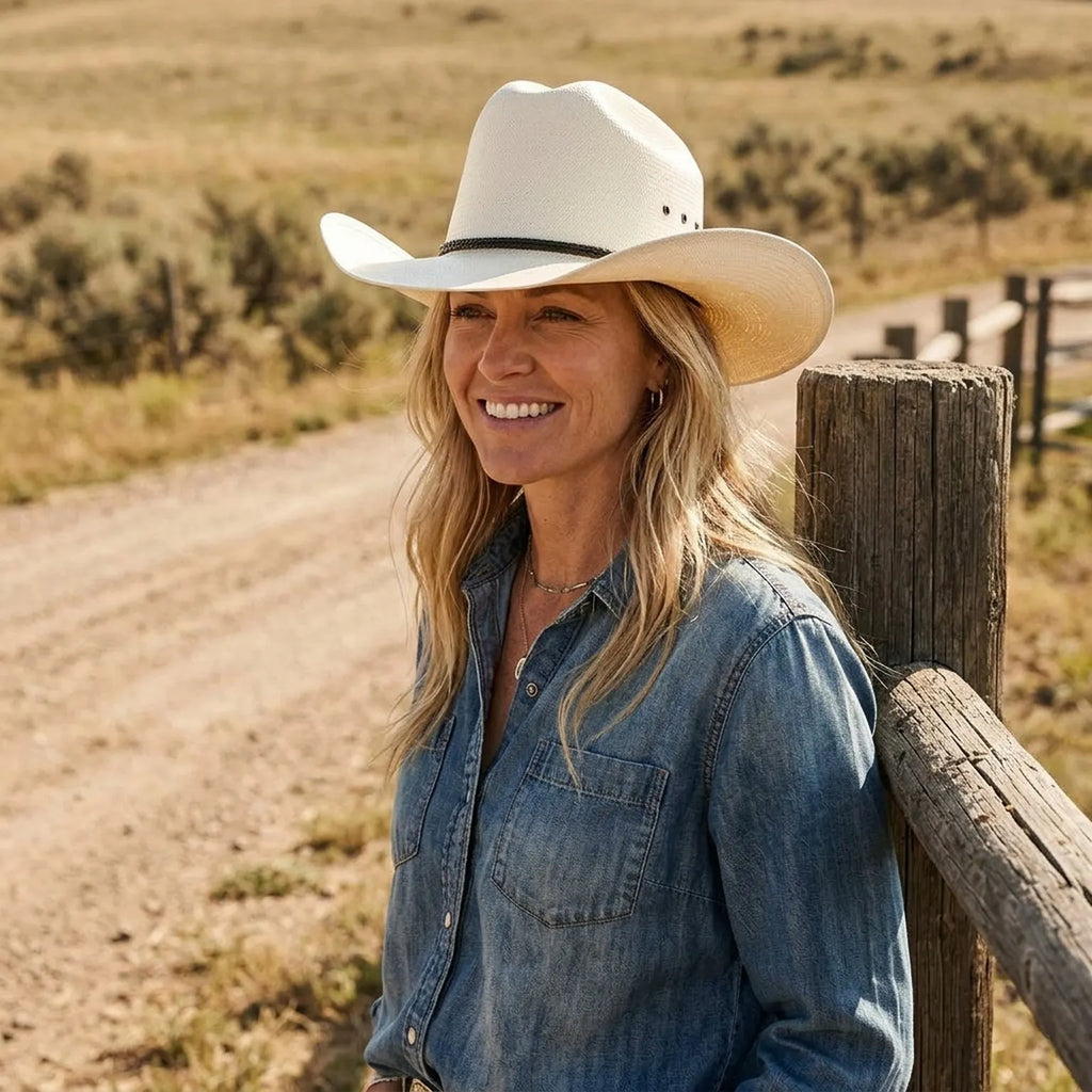 Unisex White Straw Cowboy Hat with Braided Band and Knot Detail
