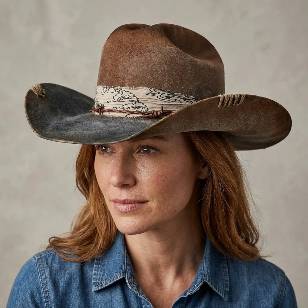 Brown Rust Wool Felt Cowboy Hat with Barbed Wire Band