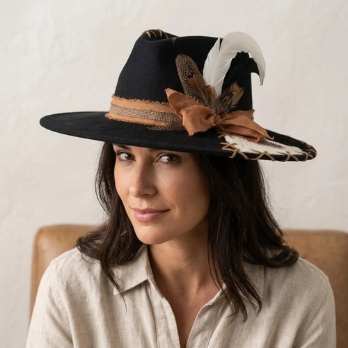 Black Western Hat with Cowhide Brim Cross Lacing White Feather