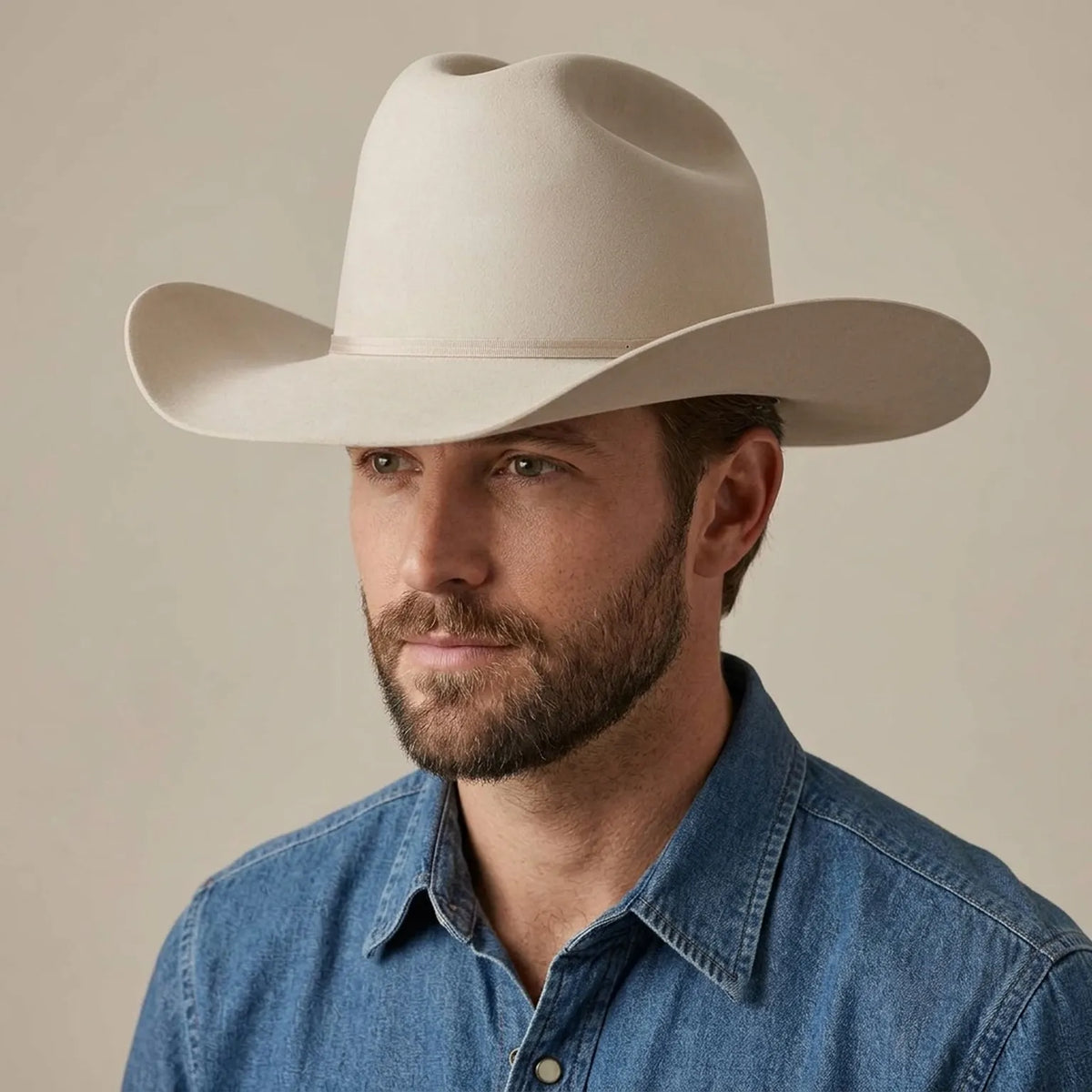 Cream Wool Felt Cowboy Hat with Clean Lines and Brim