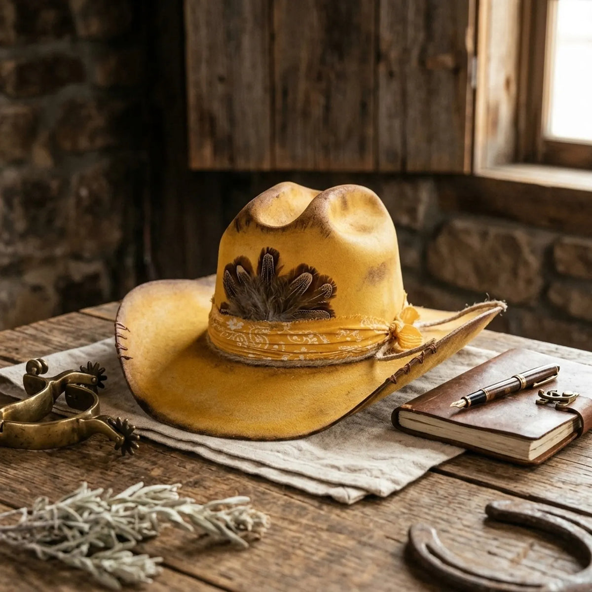 Mustard Felt Cowboy Hat with Paisley Band and Feather