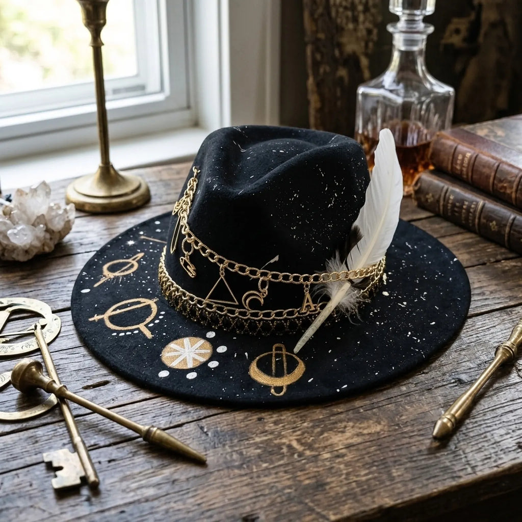 Black Celestial Fedora with Gold Mystical Symbols and Feather