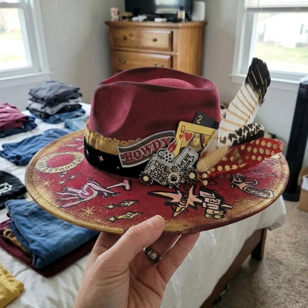 Burgundy Mystic Fedora with Hand-Painted Tarot and Cards
