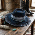 Black Felt Fedora with Tie-Dye Brim Lizard Charm Beaded Trim