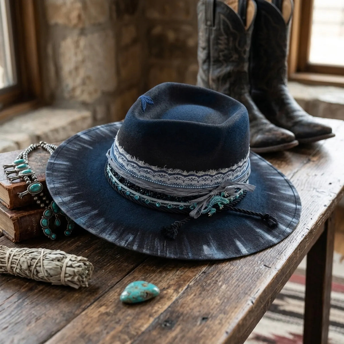 Black Felt Fedora with Tie-Dye Brim Lizard Charm Beaded Trim