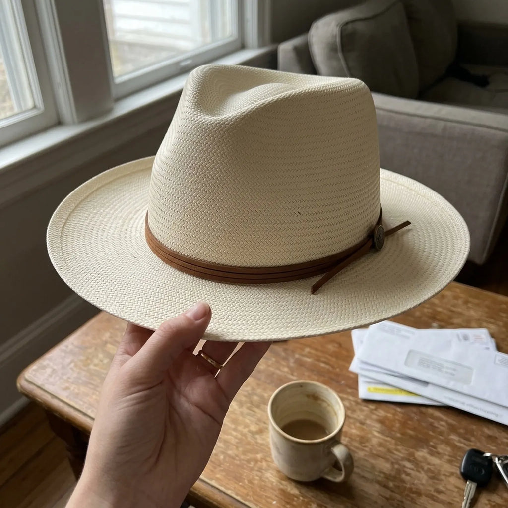 White Panama Straw Hat with Leather Band for Summer Travel Style