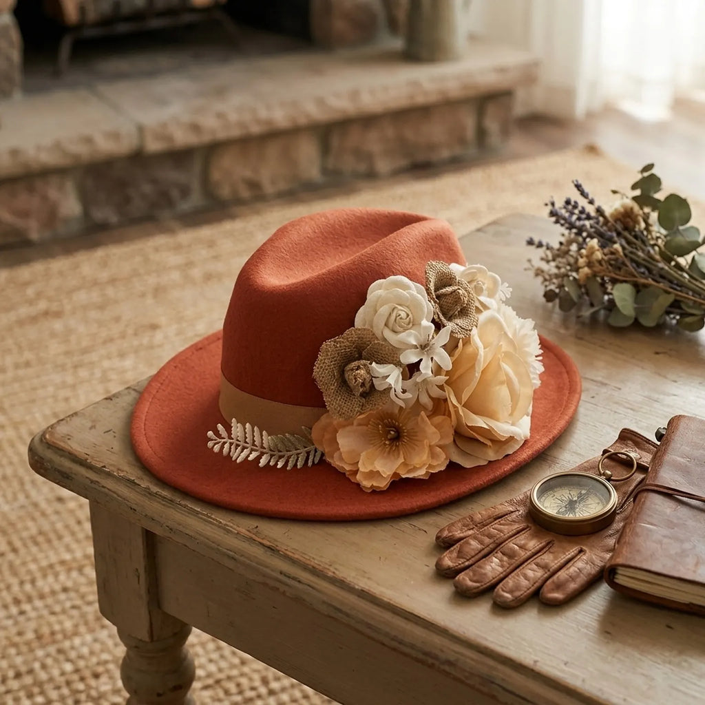Rust Felt Fedora With Ivory Floral Cluster And Fern Sprig