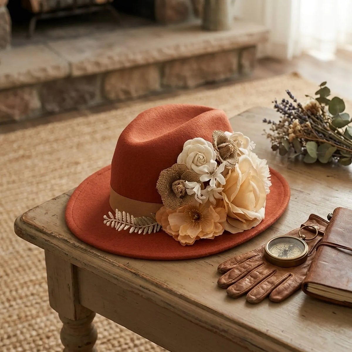 Rust Felt Fedora With Ivory Floral Cluster And Fern Sprig