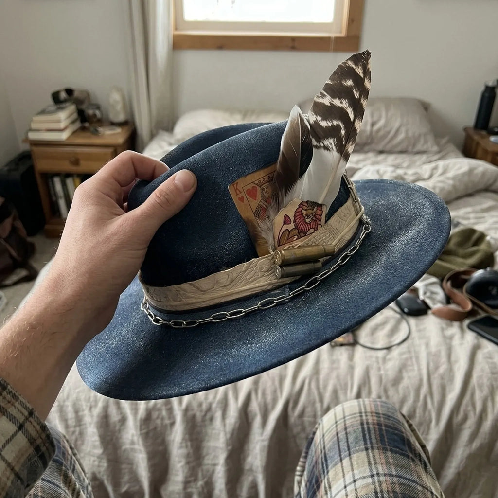 Navy Blue Fedora with Embossed Band, Chain and Playing Card