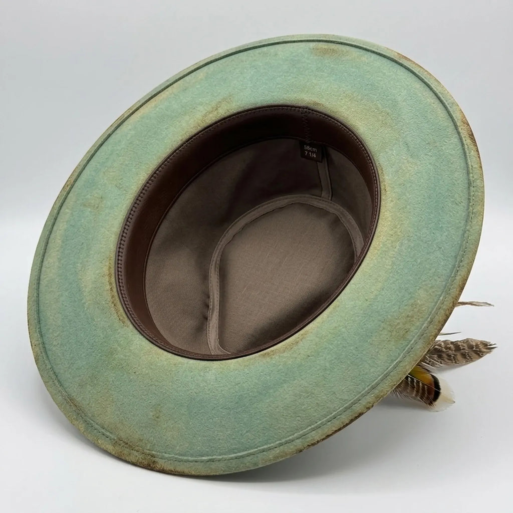 Aged Teal Fedora with Paisley Band and Natural Feather Detail