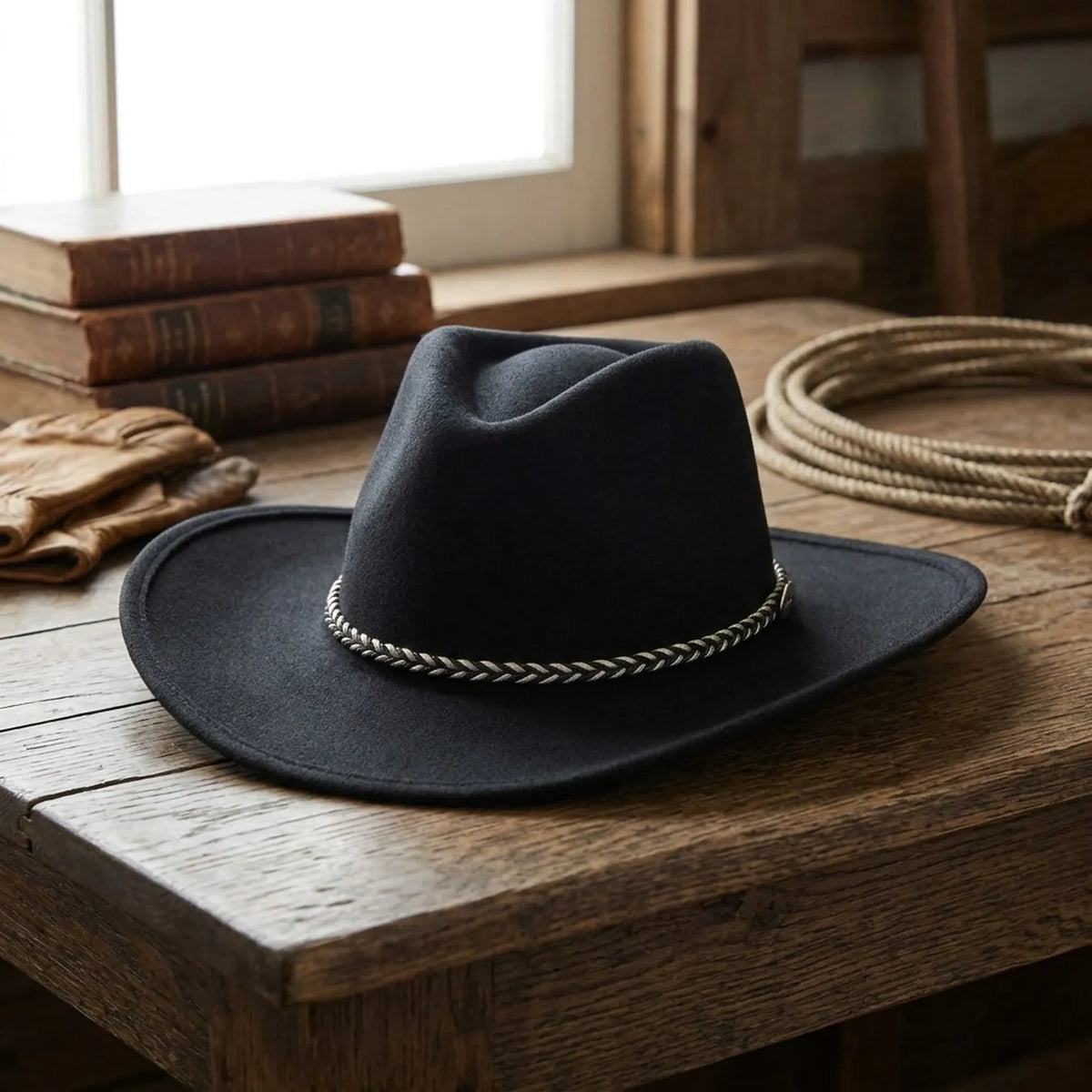 Black Wool Felt Western Hat with Braided Rope Band for Adults