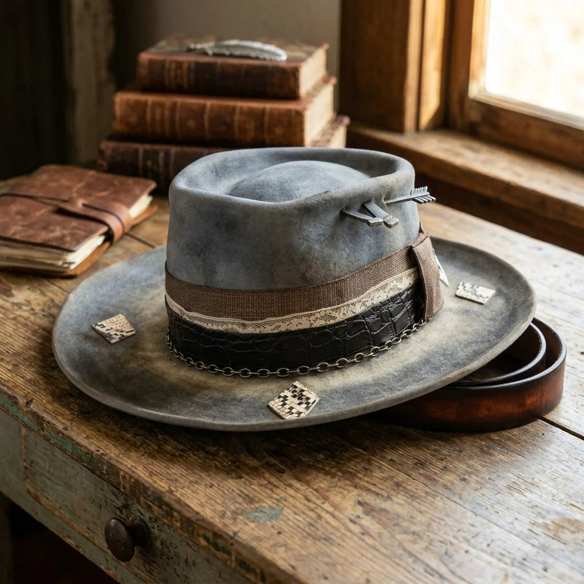 Smoke Gray Distressed Fedora with Croc Band and Arrow Details