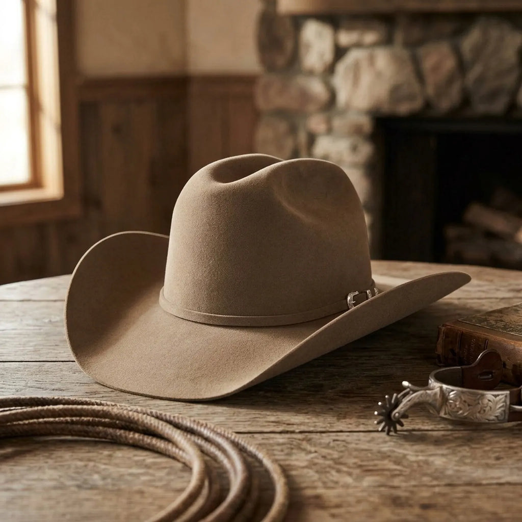 Camel Brown Felt Cowboy Hat with Pinched Crown and Curled Brim