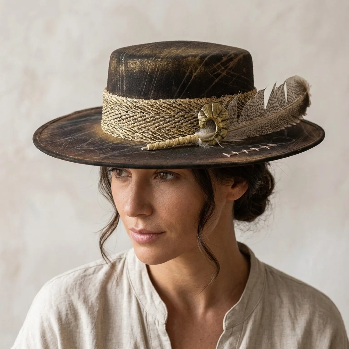 Dark Distressed Fedora Rope Band Speckled Feather Boho Ranch Hat