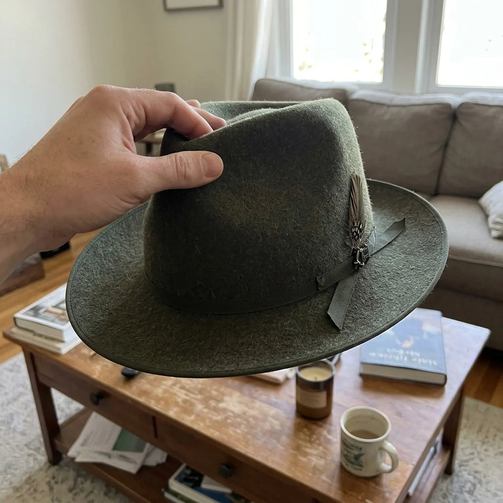 Olive Green Wool Felt Fedora with Grosgrain Band and Feather