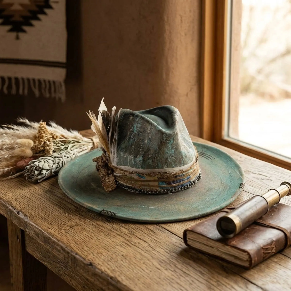 Teal Distressed Fedora with Burlap Bow and Feather Cluster