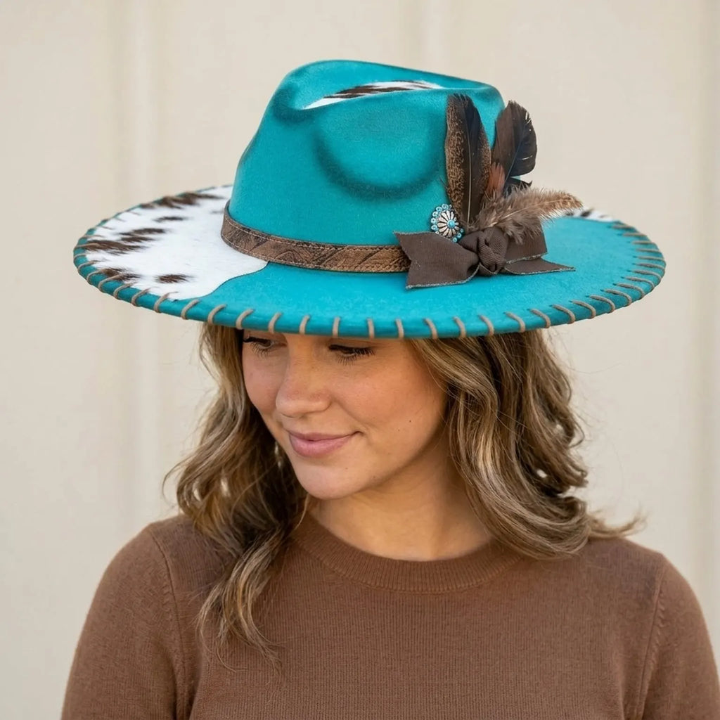 Teal Satin Cowboy Hat with Cow Print Brim and Feather Cluster