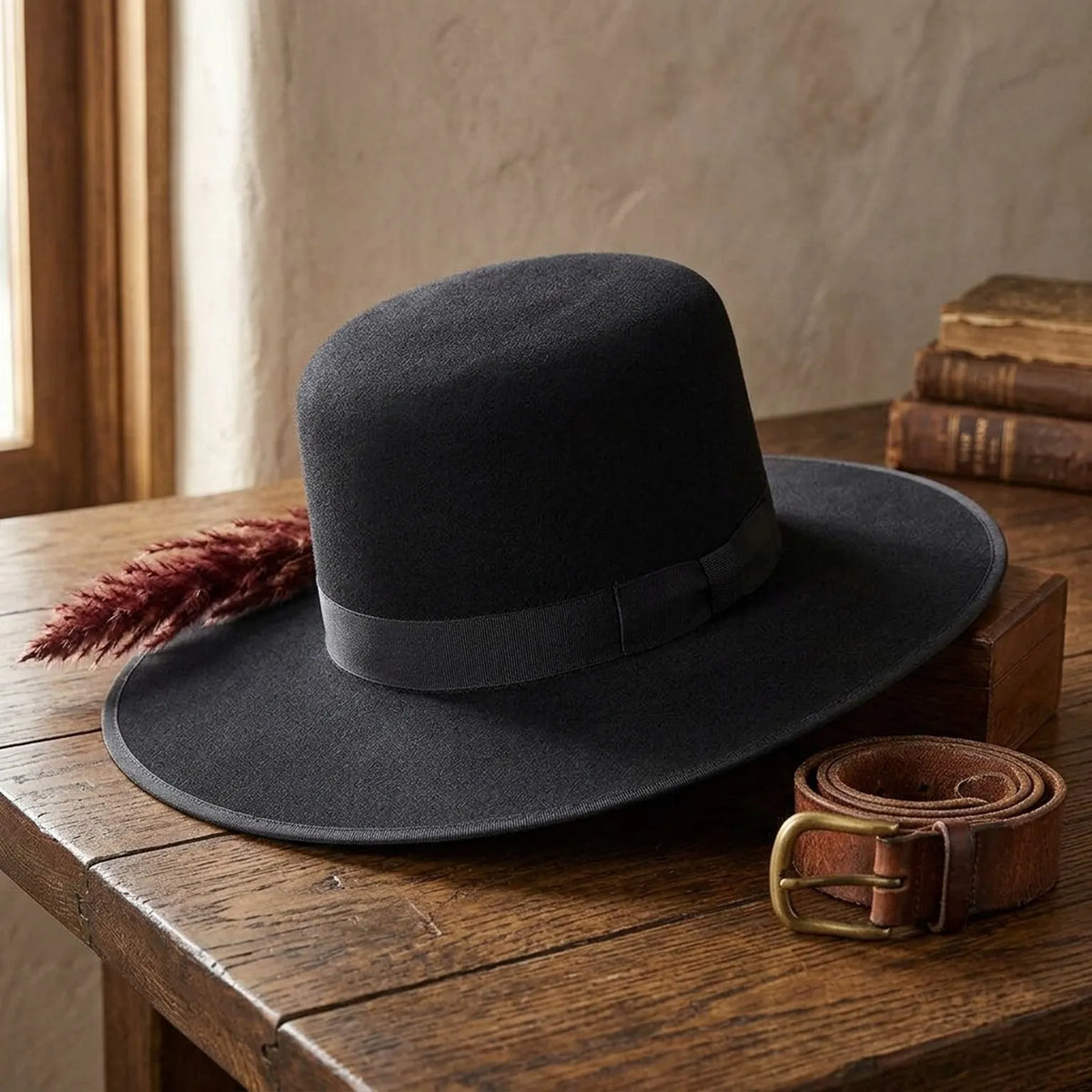 Black Wool Felt Boater Hat with Flat Crown and Grosgrain Band