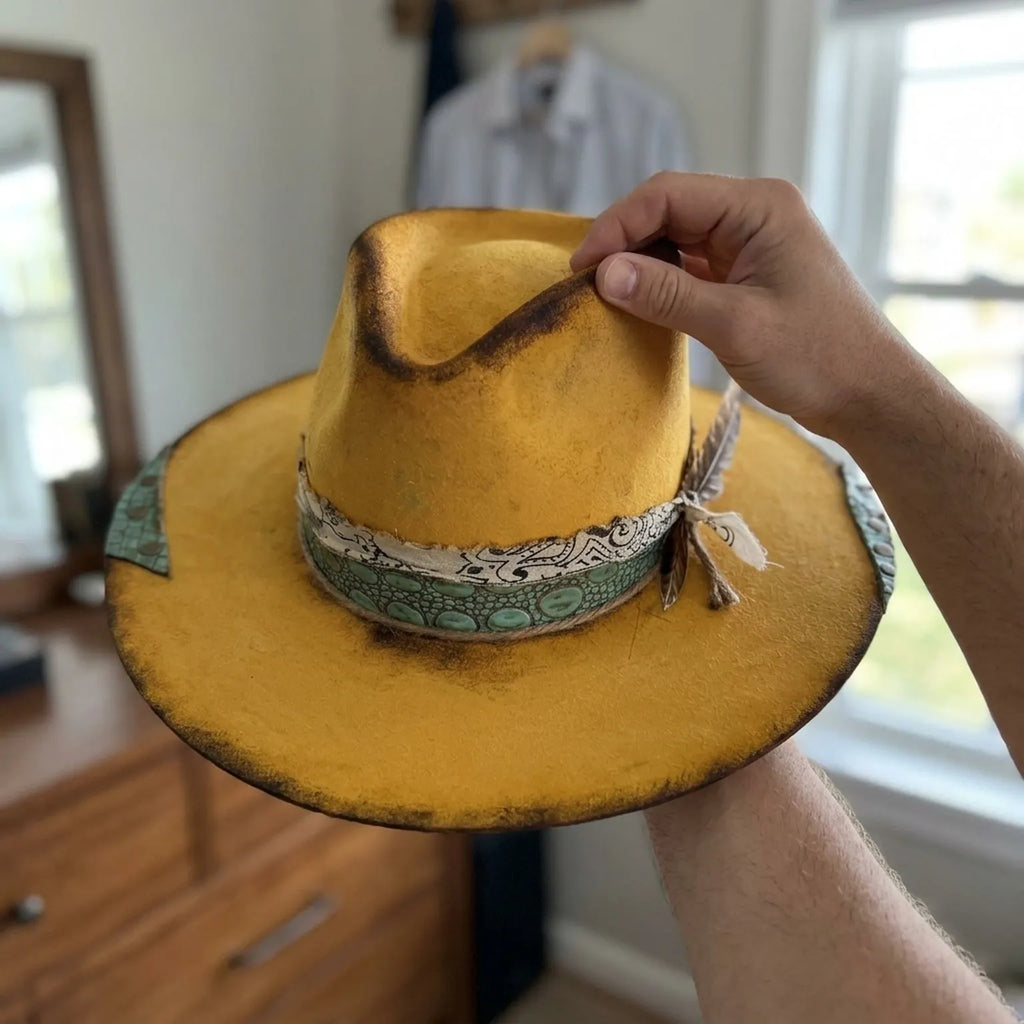 Mustard Yellow Wide Brim Hat with Crocodile Band Detail
