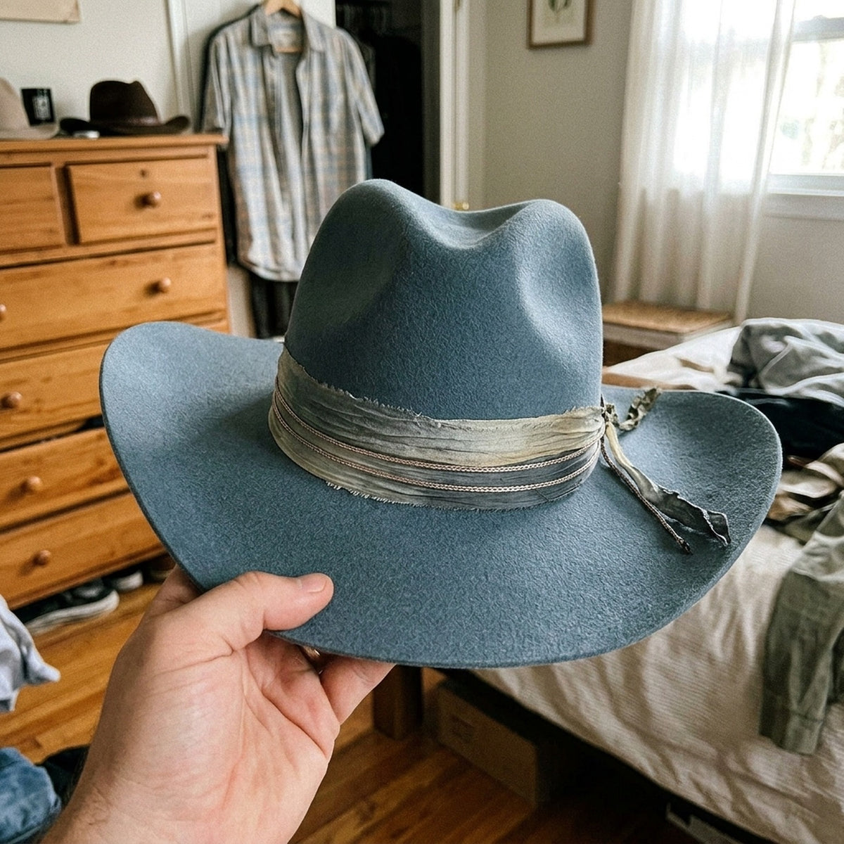 Slate Blue Felt Western Hat With Tied Fabric Band