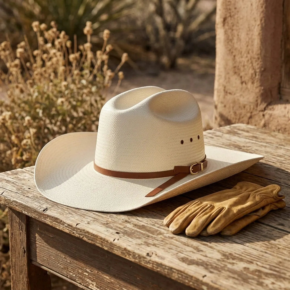 Cream White Straw Cowboy Hat with Leather Tie Band, Sun Ready