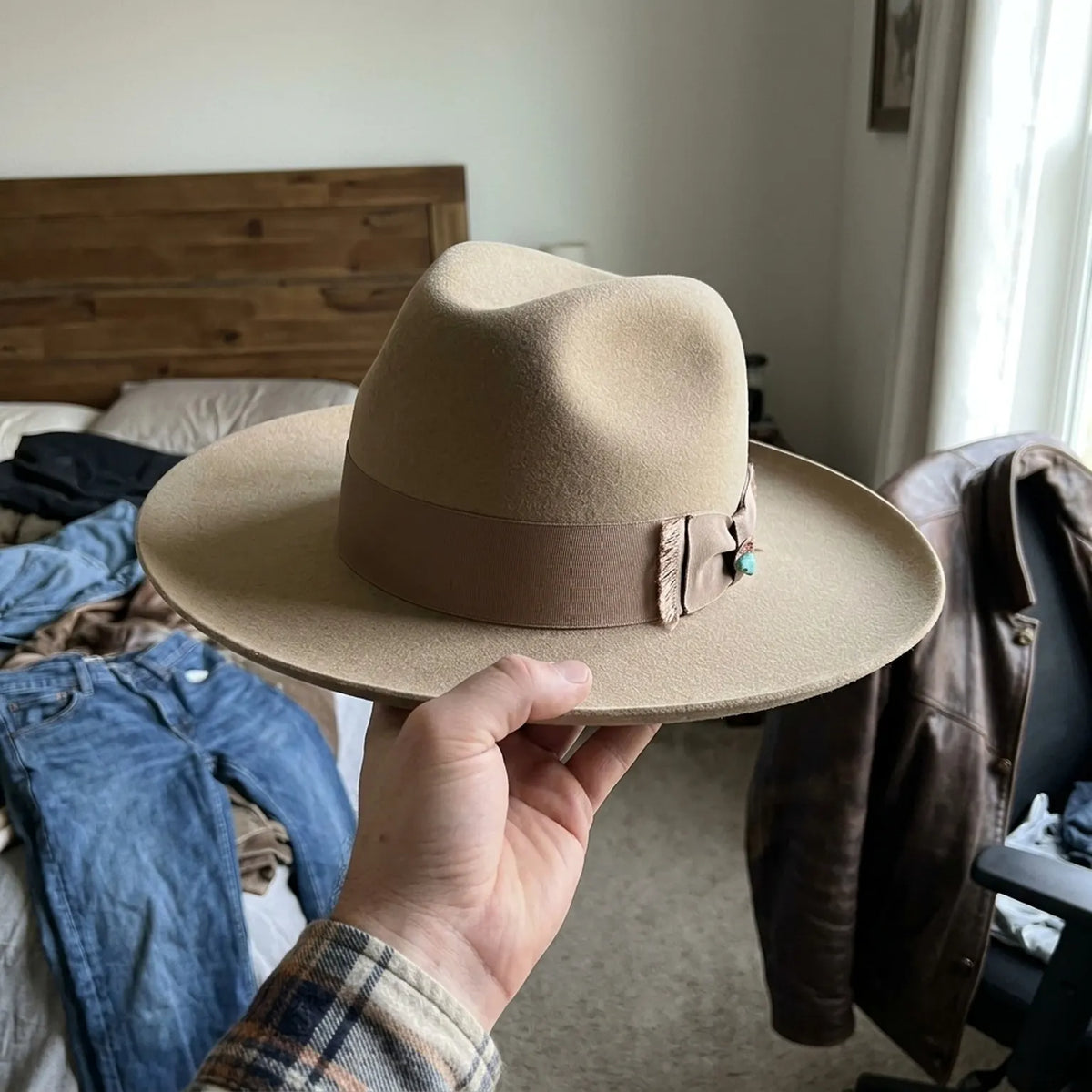 Camel Wool Felt Fedora with Grosgrain Band and Feather Bead Trim