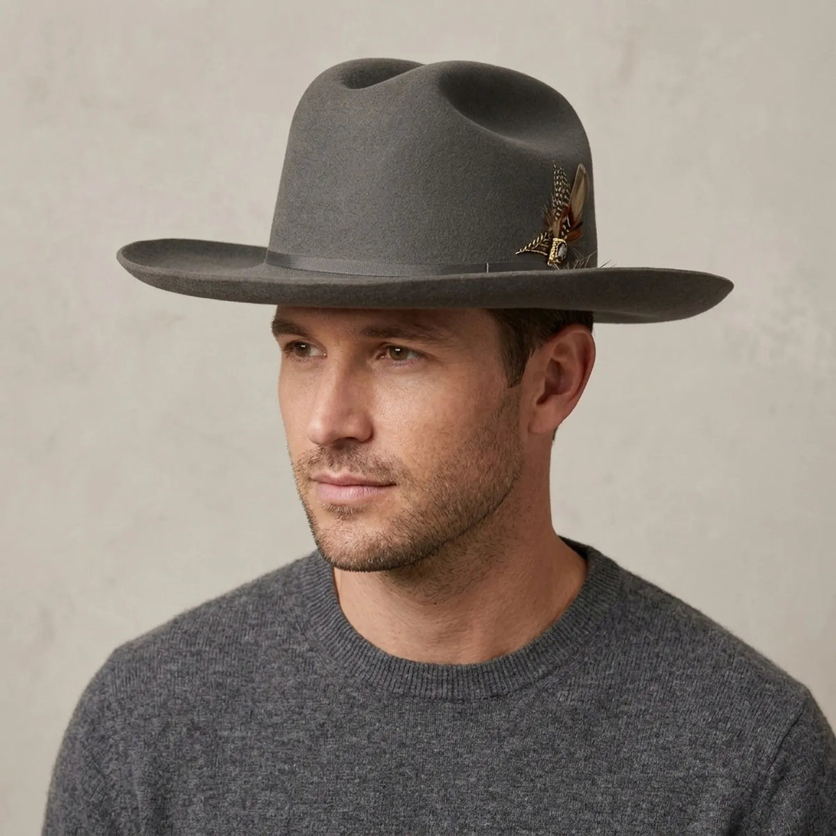 Unisex Gray Wool Felt Western Hat with Feather Band