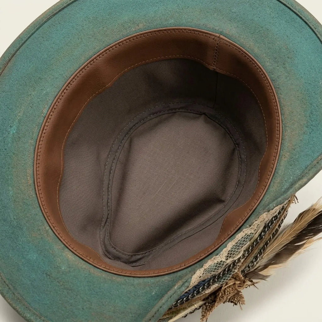 Teal Distressed Fedora with Burlap Bow and Feather Cluster