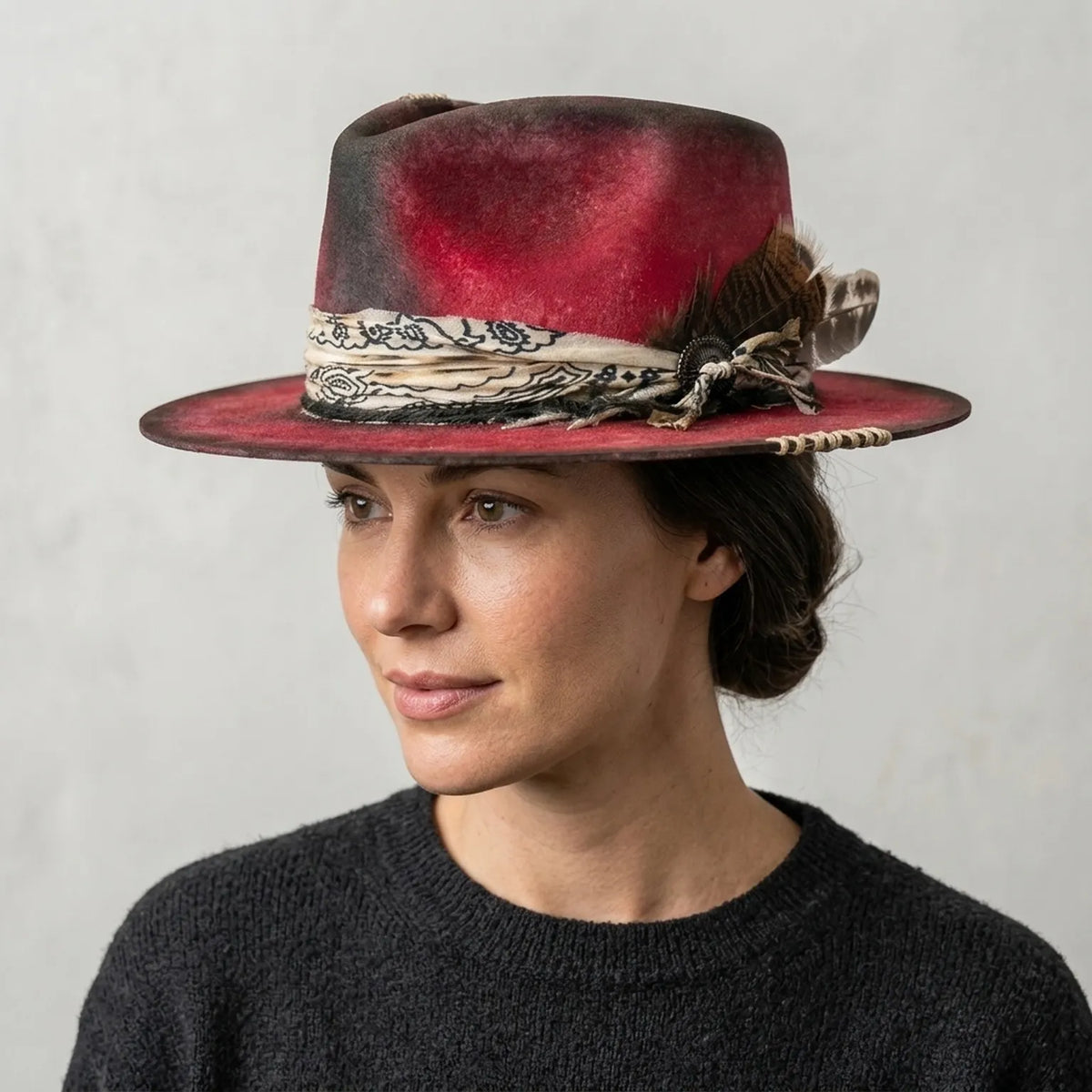 Crimson Felt Western Hat with Bandana Band and Feathers