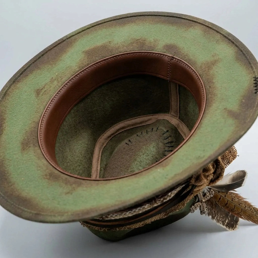 Olive Green Distressed Fedora with Burlap Bow and Cross Accent