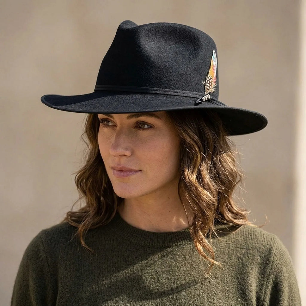 Unisex Black Wool Felt Fedora Hat with Feather Accent Trim