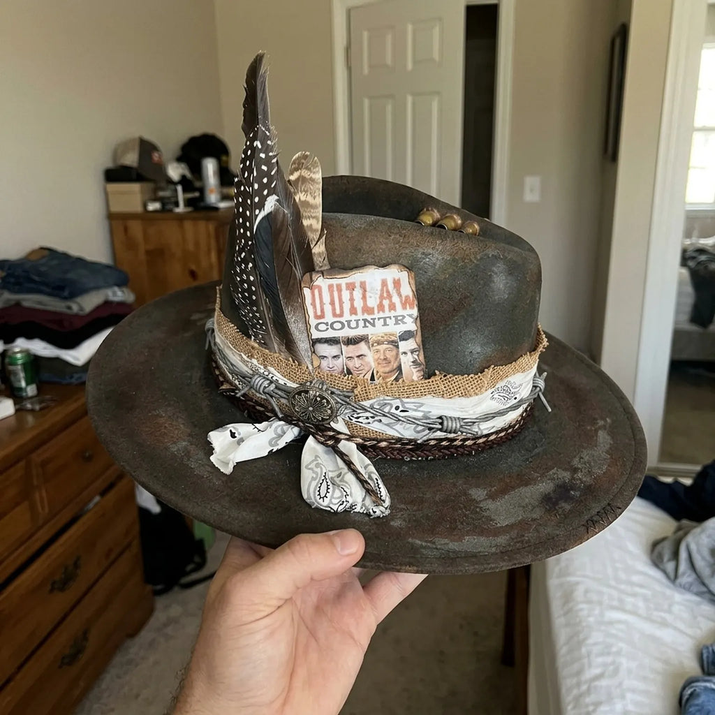 Dark Brown Outlaw Fedora Bullet Feathers Barbed Wire Band Western Hat