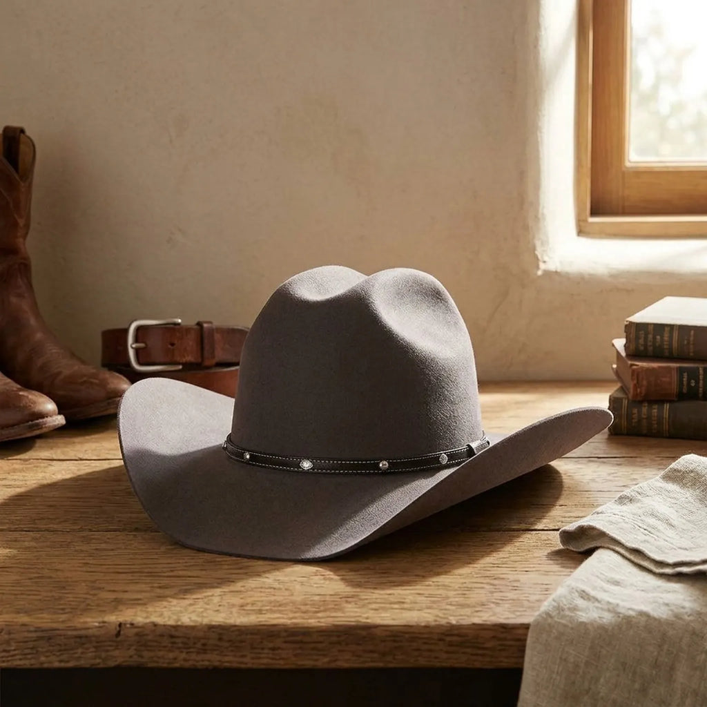 Brown Felt Cowboy Hat, Tall Pinched Crown with Diamond Studded Band