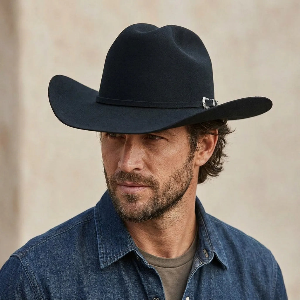 Navy Blue Felt Cowboy Hat with Pinched Crown and Wide Brim