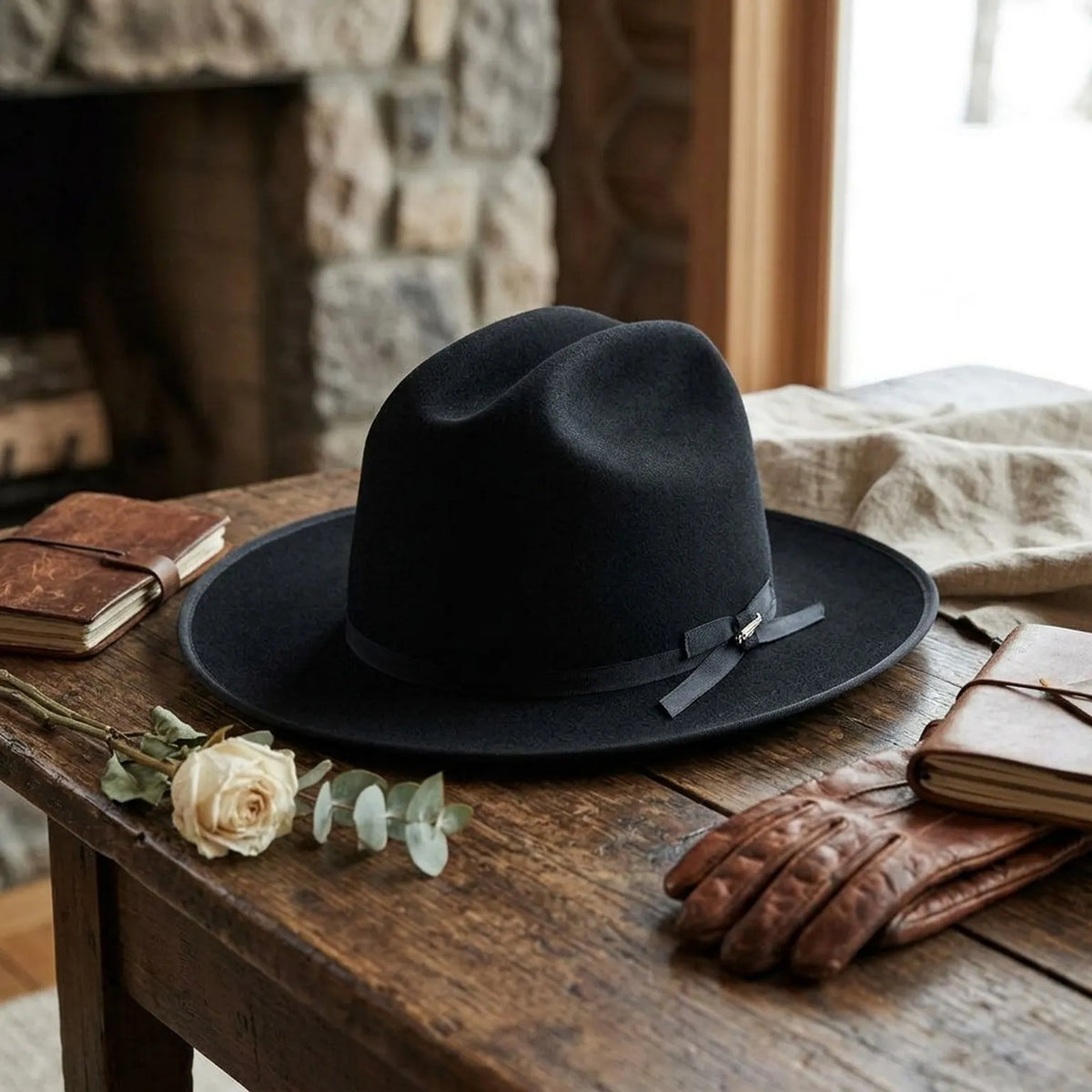 Unisex Black Wool Felt Fedora Hat with Ribbon Trim