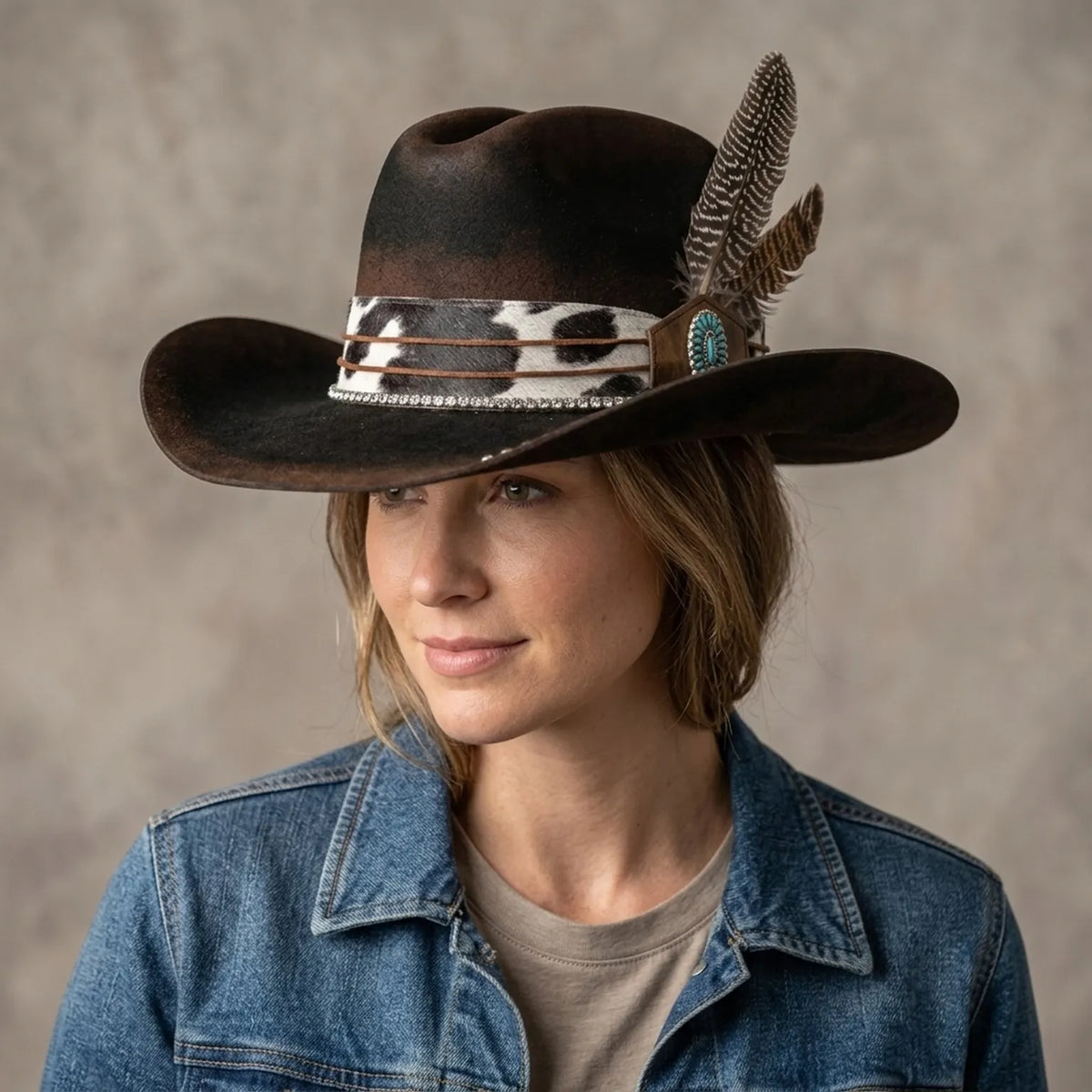 Dark Brown Cowboy Hat with Cow-Print Band and Turquoise Concho