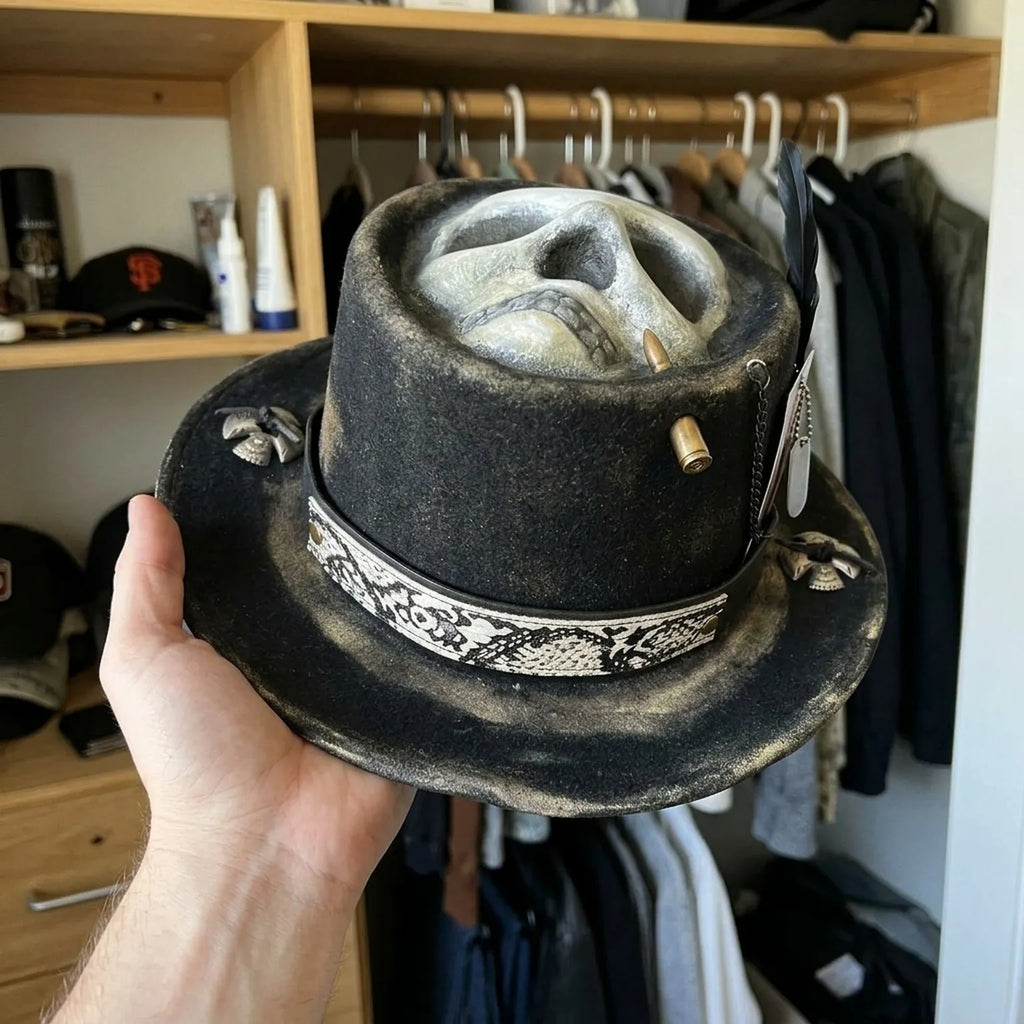 Black Top Hat Skull Crown Bullet Accents Snake Band Gothic Western