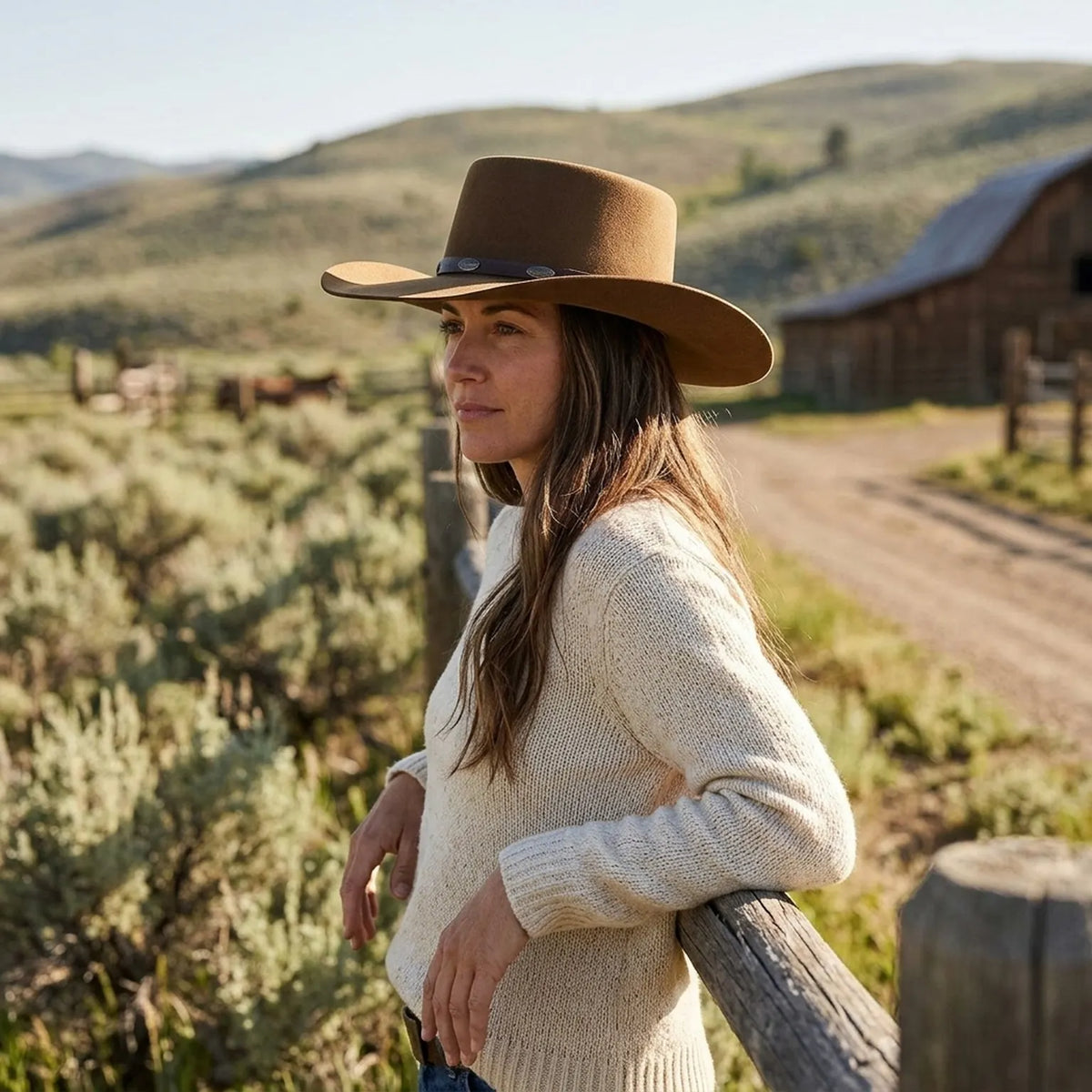 Unisex Brown Wool Felt Cowboy Hat with Leather Concho Band