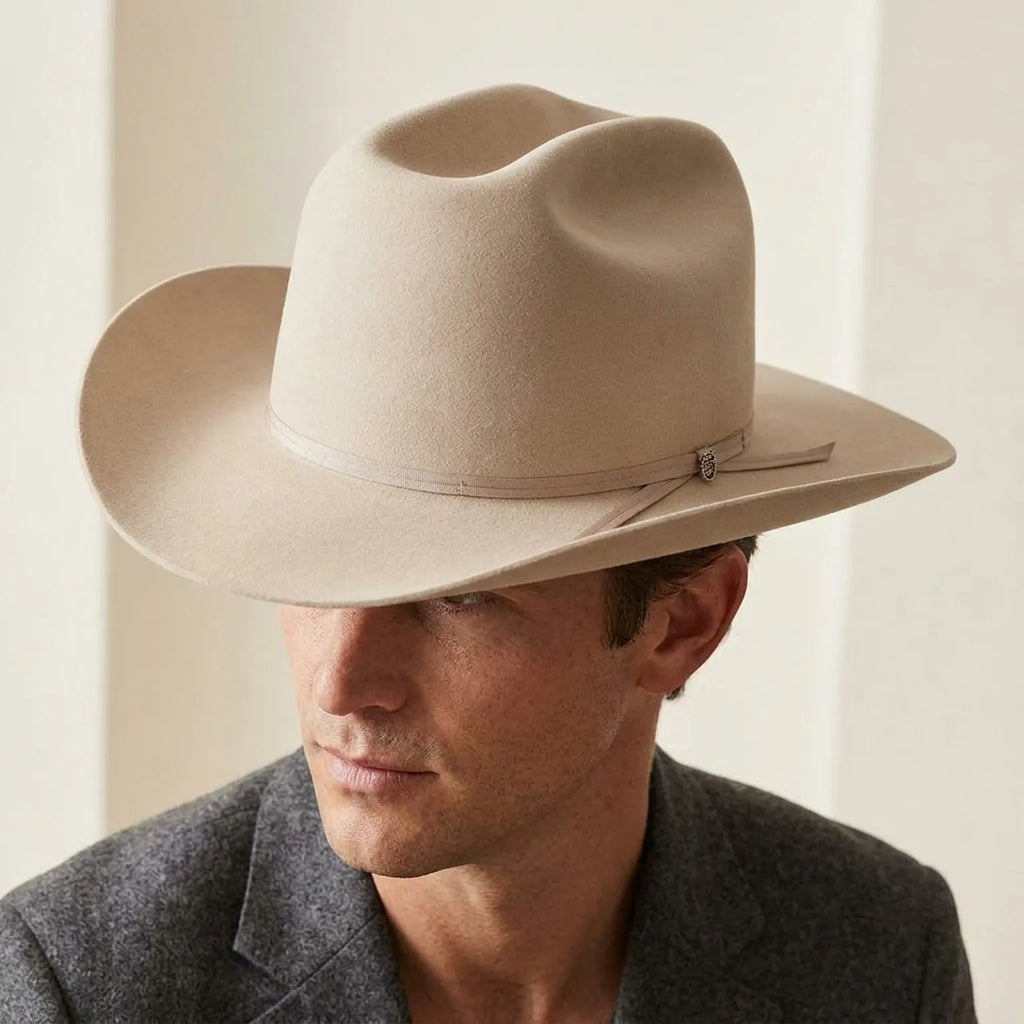 Light Beige Wool Felt Western Hat with Strap and Pin Detail