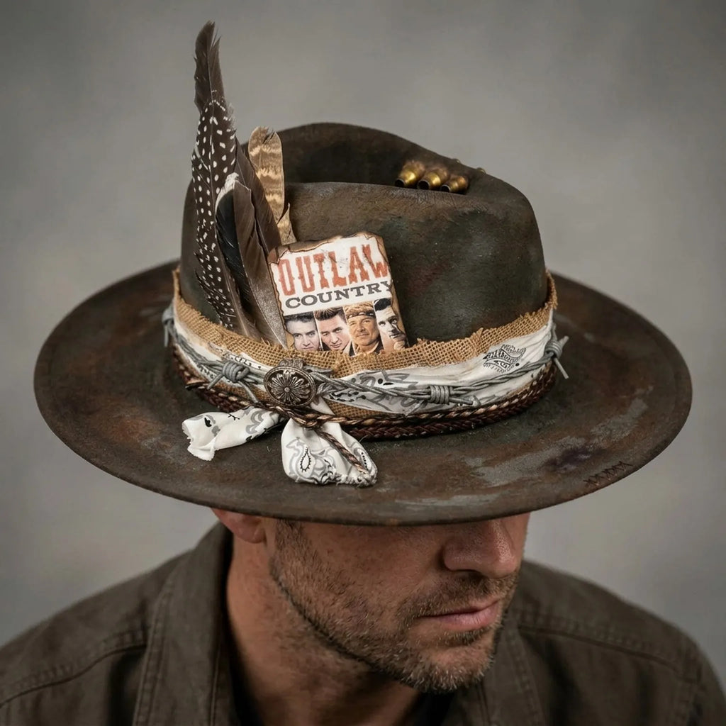 Dark Brown Outlaw Fedora Bullet Feathers Barbed Wire Band Western Hat