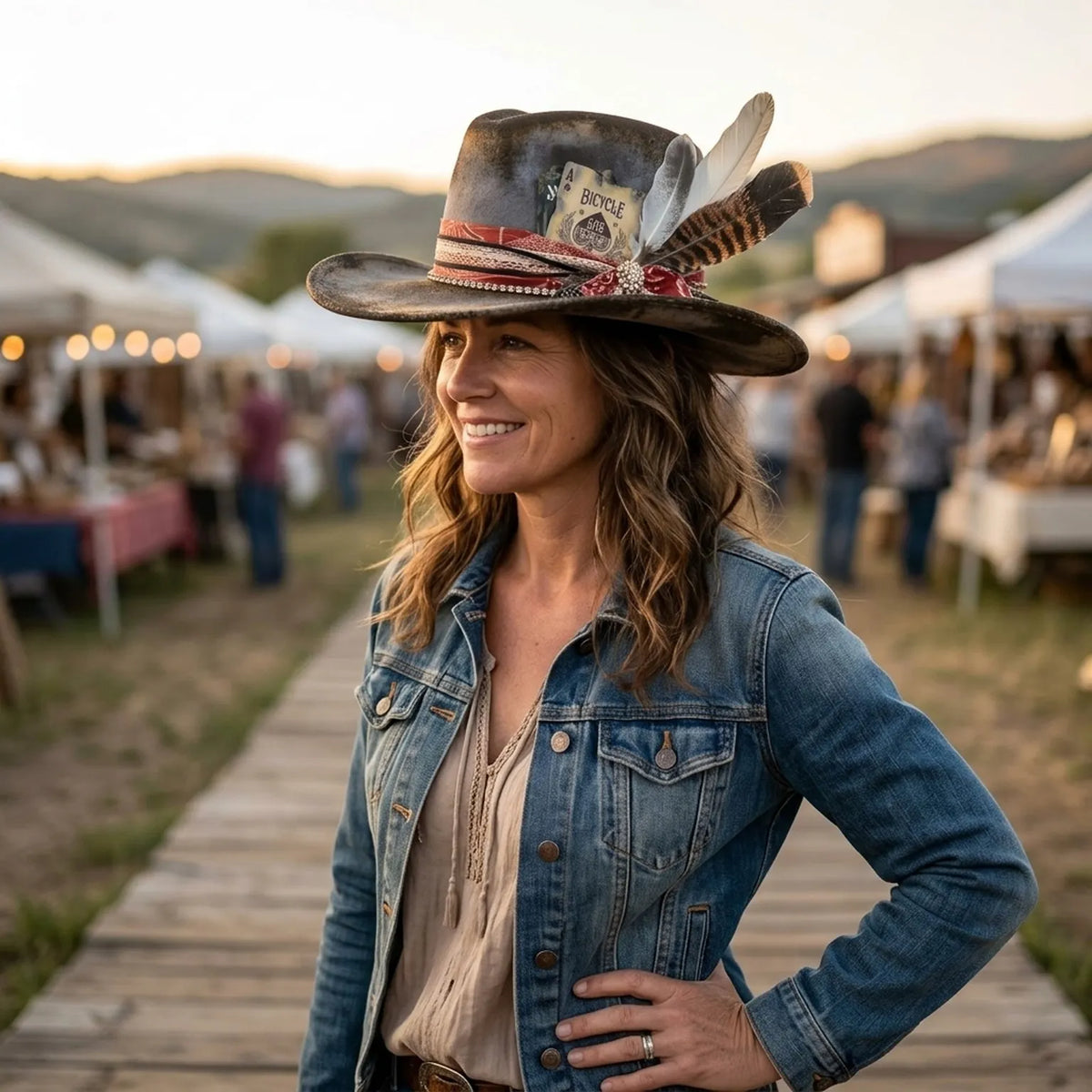 Western Fedora with Bicycle Card, Bandana and Feathers