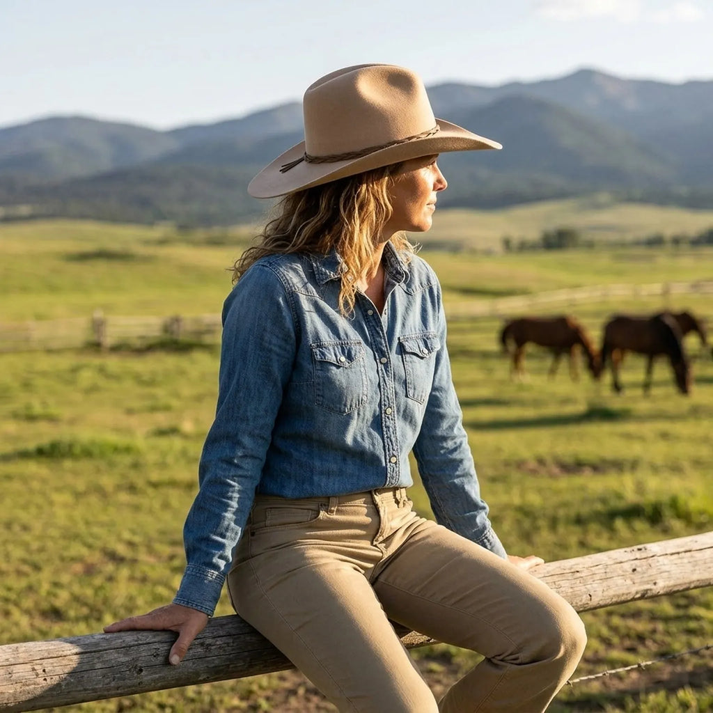 Tan Wool Felt Cowboy Hat with Braided Leather Tassel Band