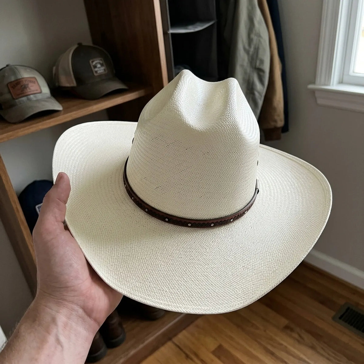White Straw Fedora Hat with Brown Studded Leather Hatband